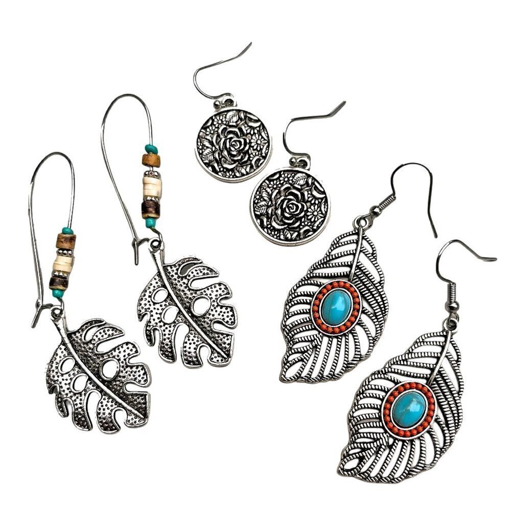 Leaf Drop Earrings Set of Three | Boho Silver Mix - Picture 3 of 7